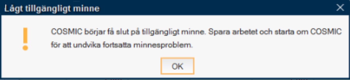 Bild på varningsruta där det står att Cosmic börjar få slut på minne och att man bör starta om Cosmic. 