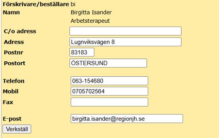 gult fält med kontaktuppgifter på förskrivare.