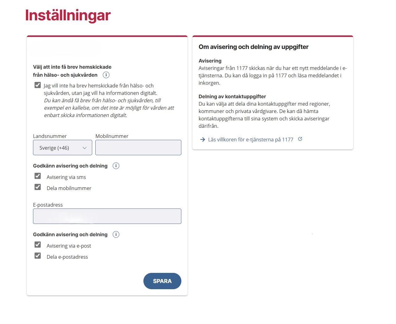 Bild från inloggat läge i 1177 e-tjänster där patienten kan ställa in sina preferenser för aviseringar.