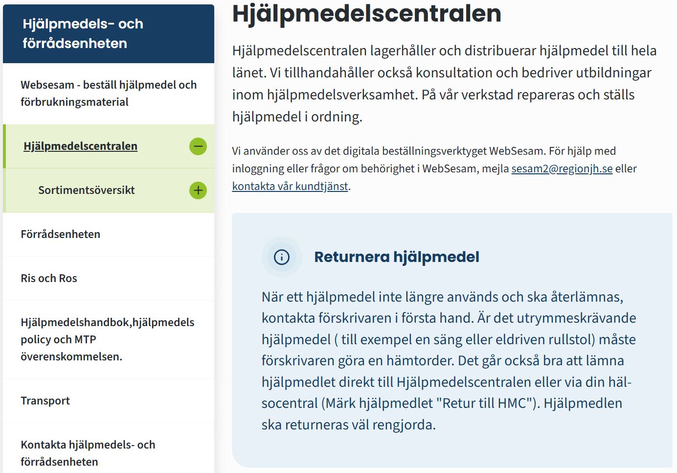 Skärmbild på vårdgivarwebben som visar vart på sidan man hittar sortimentskatalogen. På vänster sida under Hjälpmedelscentralen.