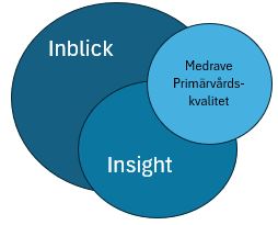 Bilden visar tre cirklar som delvis överlappar varandra. Alla cirklar är i blå nyanser och olika stora. Den största och mörkaste cirkeln representerar Inblick, den något mindre och ljusare Insight, och den minsta och ljusaste Medrave/Primärvårdskvalitet