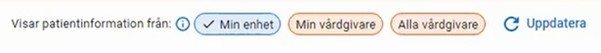 Bild från del av journalsystemet Cosmic. Visar hur man som användare kan välja om patientinformation ska visas från Min enhet, Min vårdgivare eller Alla vårdgivare.  
