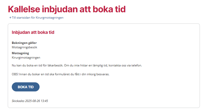 Bild från 1177.se. Bild på hur ett öppet tidbokningsmeddelande ser ut för patienten. 