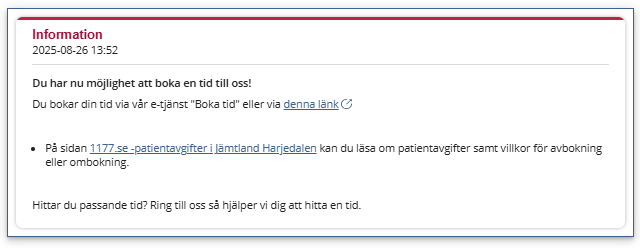 Bild från 1177 på ett skrivet meddelande till patient som handlar om att boka tid. 