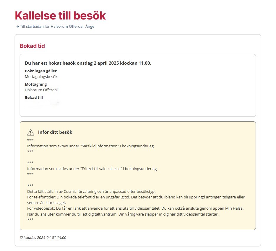 En bild på hur ett tidbokningsmeddelande ser ut för en patient i 1177.