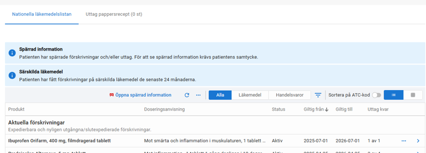 Skärmklipp från NLL i Cosmic som visar att patienten har spärrat läkemedel