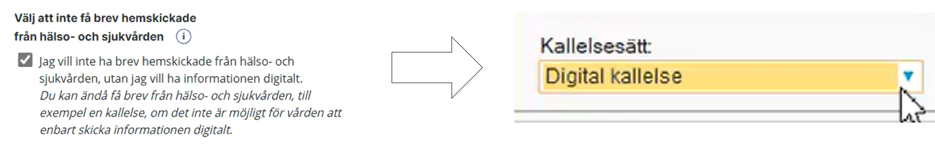 Bild på patientens val i 1177. Patienten bockat för att hen inte vill ha brev. Visar då bokningsunderlaget där valet Digital kallelse är förvalt. 