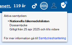 Skärmklipp från Cosmic som visar information från skölden i Patientlisten