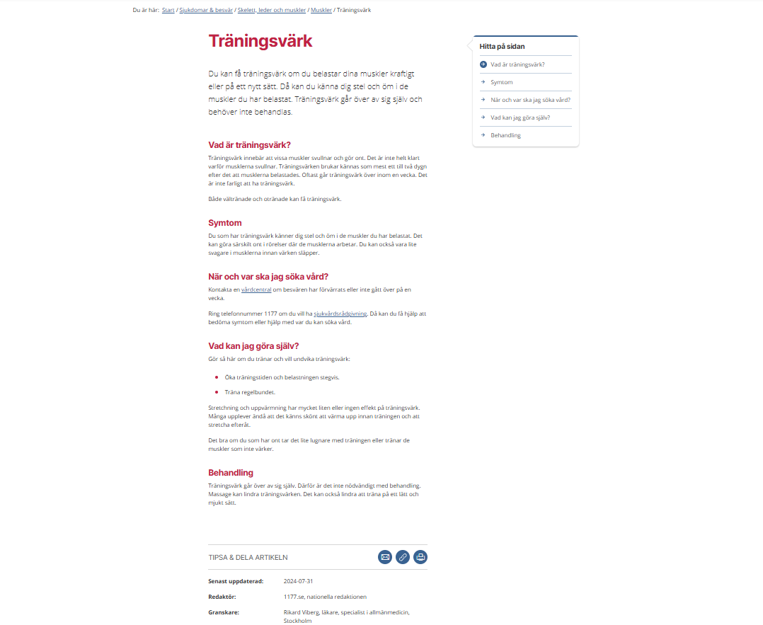 Skärmbild på en nationell artikel om träningsvärk på 1177.se