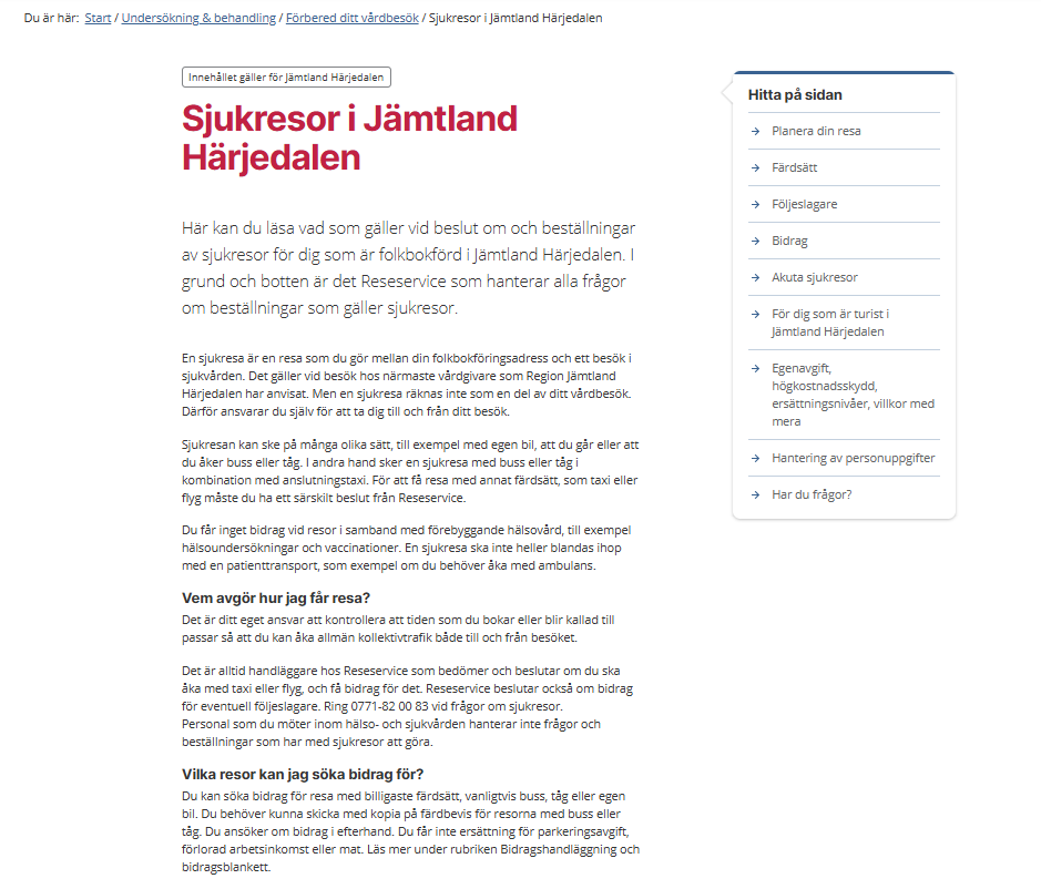 Skärmbild på regional artikel om Sjukresor i Jämtland Härjedalen på 1177.se.