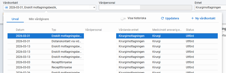 Nya vårdkontaktväljaren från fönstret journal