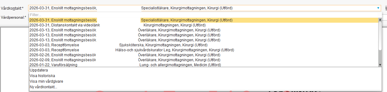 Gamla vårdkontaktväljaren, ex från vyn Ny blankett