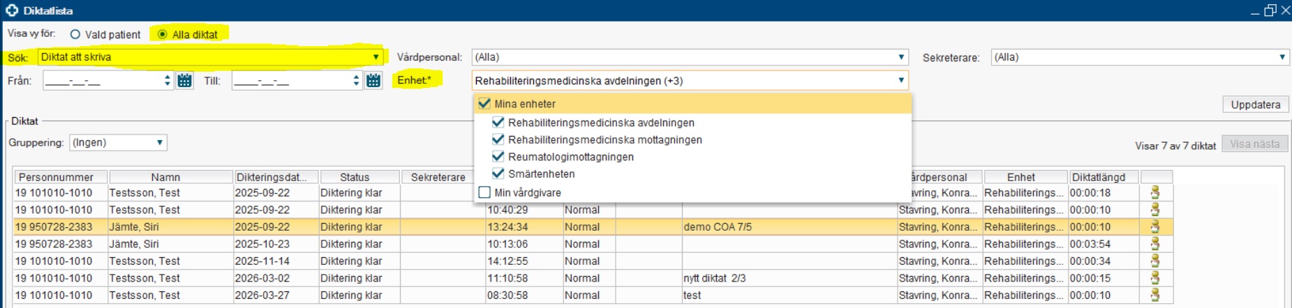 Skärmklipp av diktatlistan i Cosmic.