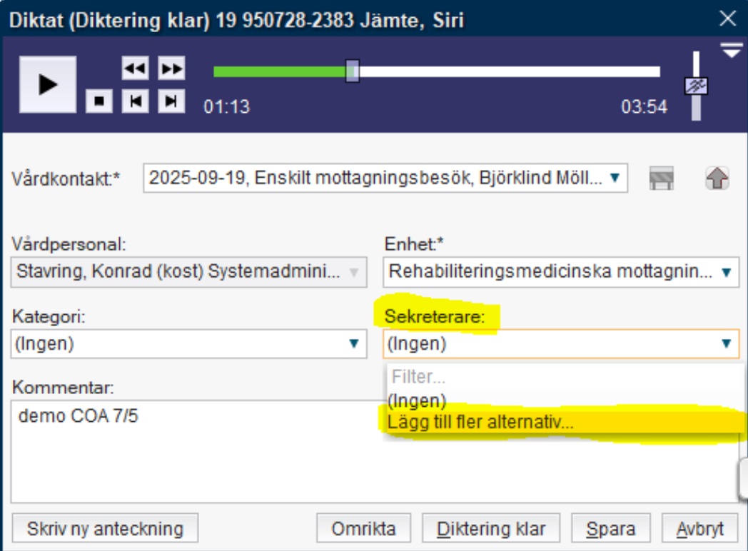 Skärmklipp av diktatspelaren i Cosmic.