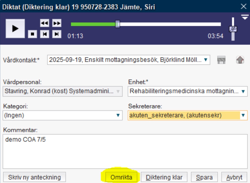 Skärmklipp av diktatspelaren i Cosmic.