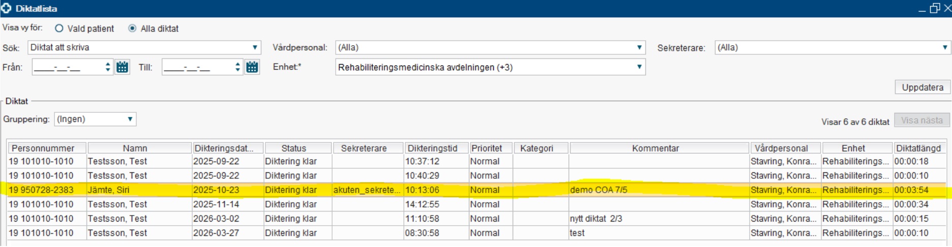 Skärmklipp av diktatlistan i Cosmic.