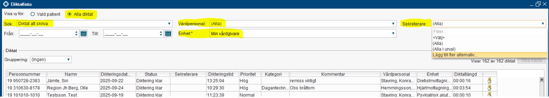 Skärmklipp av diktatlistan i Cosmic.