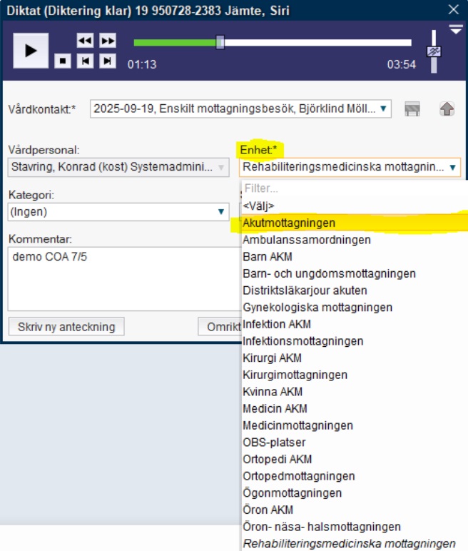 Skärmklipp av diktatspelaren i Cosmic.