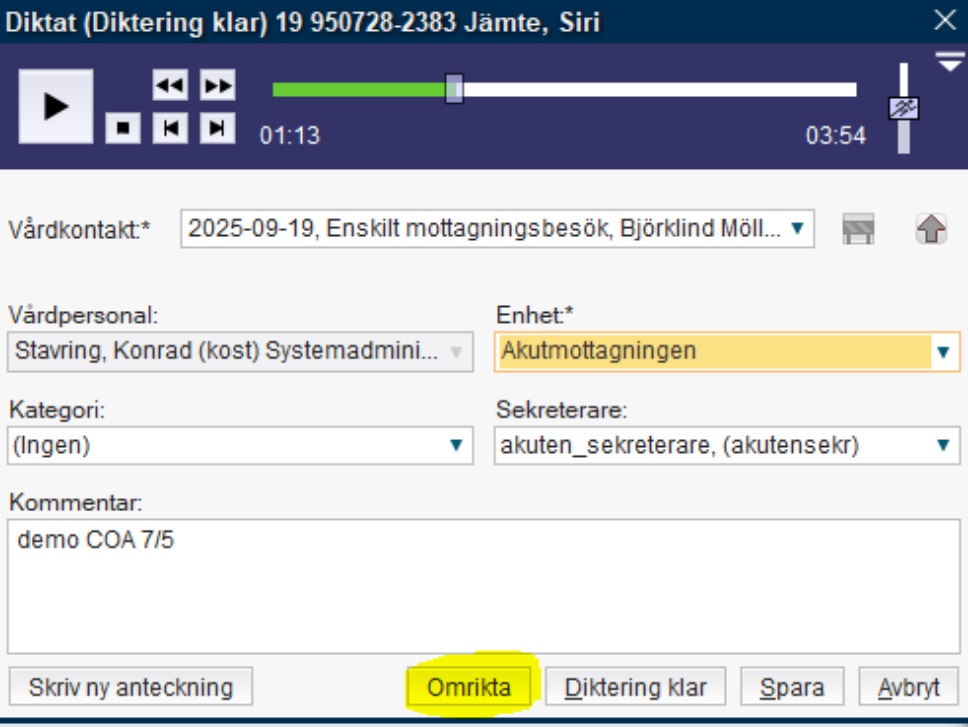 Skärmklipp av diktatspelaren i Cosmic.