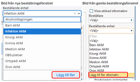 Skärmbild av systemet Cosmic som visar bild på det nya vs det gamla beställningsfönstret. 