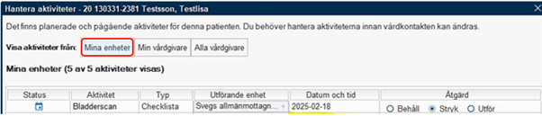 Skärmbild av systemet Cosmic som fönstret Hantera aktiviteter och markerar specifikt fliken Mina enheter. 