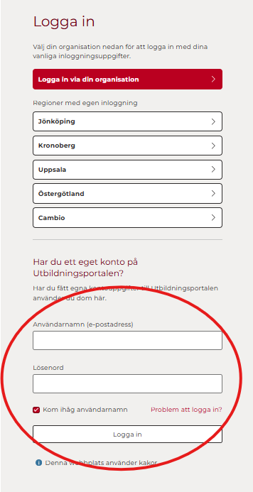 Skärmklipp som visar inloggningssidan till Cambios utbildningsportal