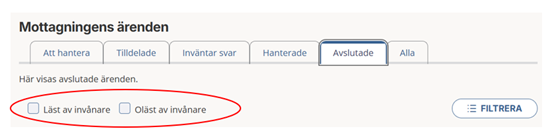 1177 personalverktyg. Visar om ett utskickat ärende eller meddelande har lästs av patienten.