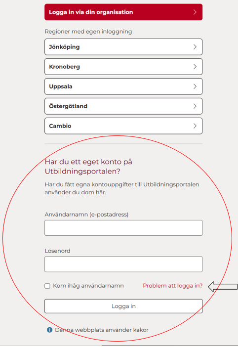 Skärmklipp på inloggningssida för Utbildningsportalen