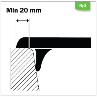 Svartvit bild där man ser att badbrädan vilar på en kant på 20 mm.