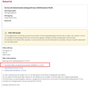 Exempel hur en kallelse ser ut. Under rubriken "Mer information" ligger en lista med länkar, bland annat "Formulär frågor om depression (MADR-S) - 1177.se"