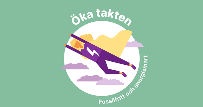 Illustration för podcasten "öka takten", med en tecknad figur med blixtformad elsymbol på bröstet och hjältemantel som flyger genom luften.