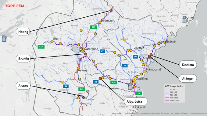 Karta över Jämtland och Västernorrland, som pekar ut Hoting, Brunflo, Älvros, Docksta, Ullånger och Alby, östra och vilken hög mängd tunga fordon som trafikerar sträckorna däromkring.