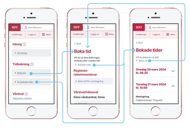 Exempelbild som visar tre smartphones där det finns en boka-knapp på 1177s startsida