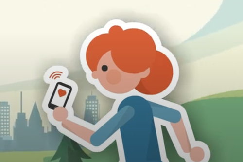 Illustration som föreställer en kvinna som springer med en mobiltelefon i handen. På mobiltelefonen visas ett hjärta.