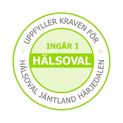 En cirkelformad stämpel för Hälsovalet. I en yttre vit ring står det "Uppfyller kraven för Hälsoval Jämtland Härjedalen. I mitten på ett grönt fält står det. "Ingår i Hälsoval".
