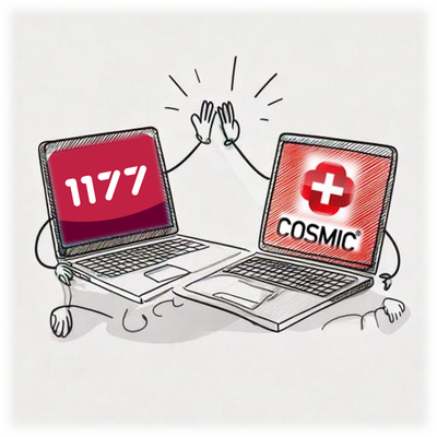 Två laptop-datorer som high-fivear varandra. Den ena har en Cosmic-logga och den andra har en 1177-logga