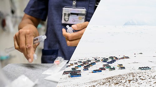 Montage: till vänster en närbild på vårdpersonals händer som förbereder en spruta. Till höger en landskapsbild över Gröndländska berg, fjord och färgglada trähus.