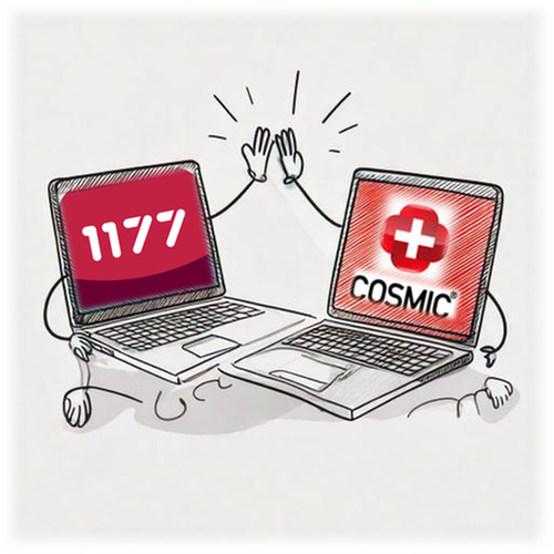 En illustration av två laptops som, en med 1177-loggan, en med Cosmic-loggan, som ger varandra high five