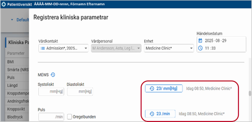 Exempel från dialogfönstret Registrera kliniska parametrar.