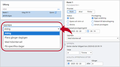 Visar val för upprepning i Beställning