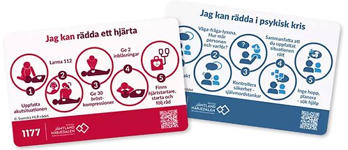 Bild på två livräddarkort. På ena, rödfärgade sidan står det "jag kan rädda ett hjärta" och instruktioner i fem steg för att göra HLR och larma hjälp. På andra, blåfärgade sidan står det "jag kan rädda i psykisk kris" med instruktioner i fem steg för att lyssna, konversera och få suicidal person att söka hjälp.