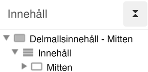 Innehållsstruktur i Sitevision med Delmallsinnehåll som innehåller en radvis layout  namngiven Innehåll som i sin tur är en innehållsyta med namn Mitten