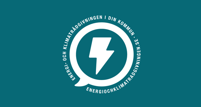 Logotyp för nationella energi- och klimatrådgivningen. En blixt och texten "Energi- och klimatrådgivningen i din kommun" och "energiradgivningen.se".