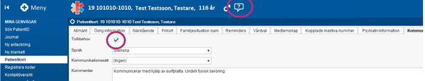 Skärmklipp från Cosmic. Rutan tolkbehov ikryssad.