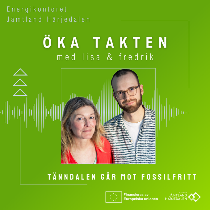 Omslagsbild för podcasten "Öka takten" från Region Jämtland Härjedalen. Den föreställer en tecknad klimathjälte, med undertexten "fossilfritt och energismart".