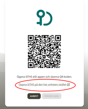 En Qr-kod där en länk med texten Öppna SITHS på den här enheten istället är inringat